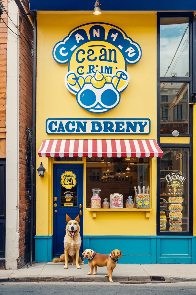 Create a logo for an ice cream shop, with a very happy dog and the image of a yellow bone, the ice cream parlor is called CAN PEÓN