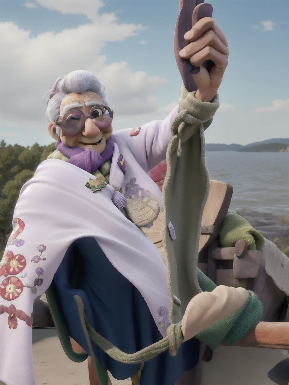 masterpiece, best quality, an old woman with glasses and a scarf on, wearing a purple coat and green scarf, standing at the park