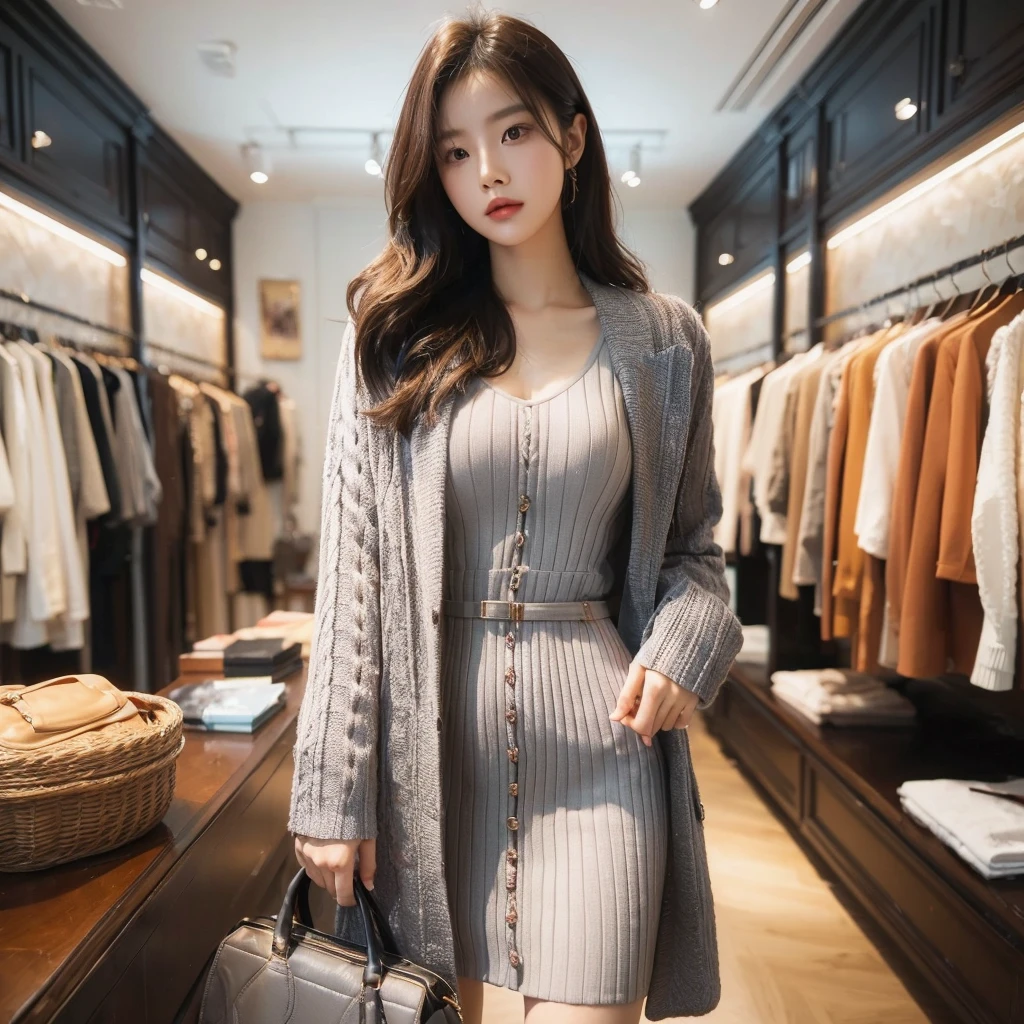 a beautiful chinese girl, wearing a clenched ribbed dress, covered by a stylish outer blazer, standing in a fashionable boutique clothing store, carrying a women's handbag, 1girl, extremely detailed, photorealistic, high quality, intricate details, studio lighting, cinematic bokeh, vibrant colors, warm lighting