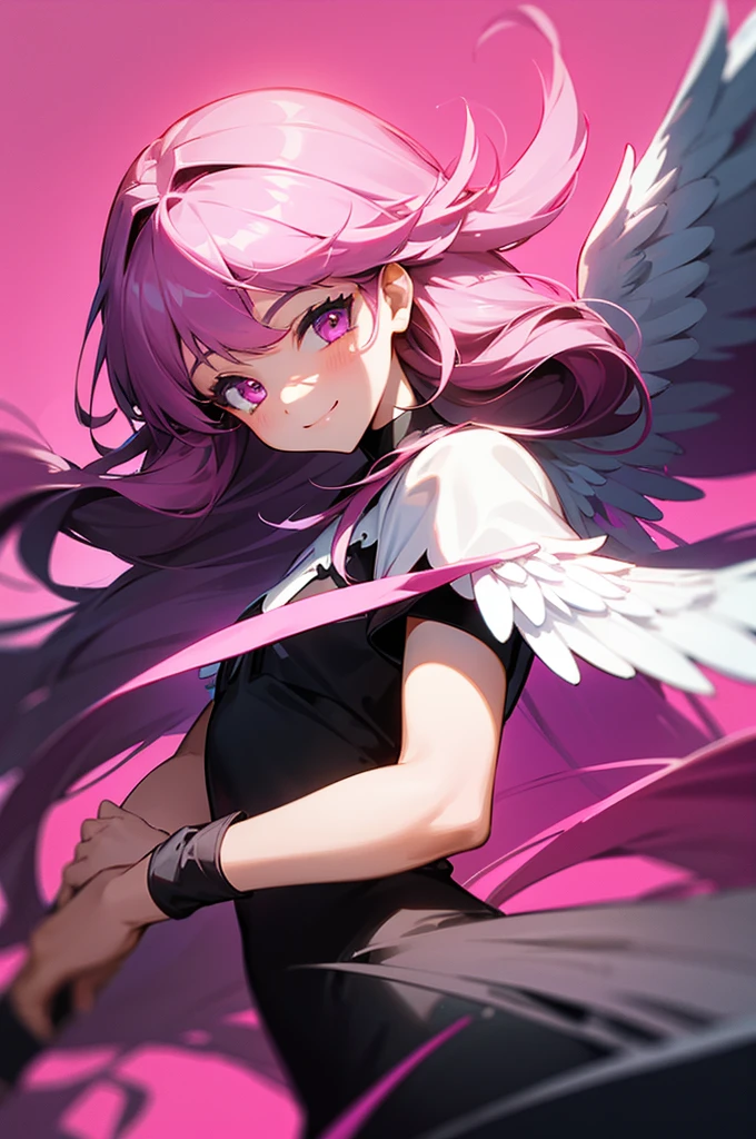 A girl, with long hair mixed with black and dark pink, eyes shade of dark pink, smiling, having a small angel wings on the back