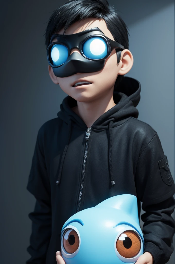 Garoto 3D, hacker, de capuz preto estilo pixar