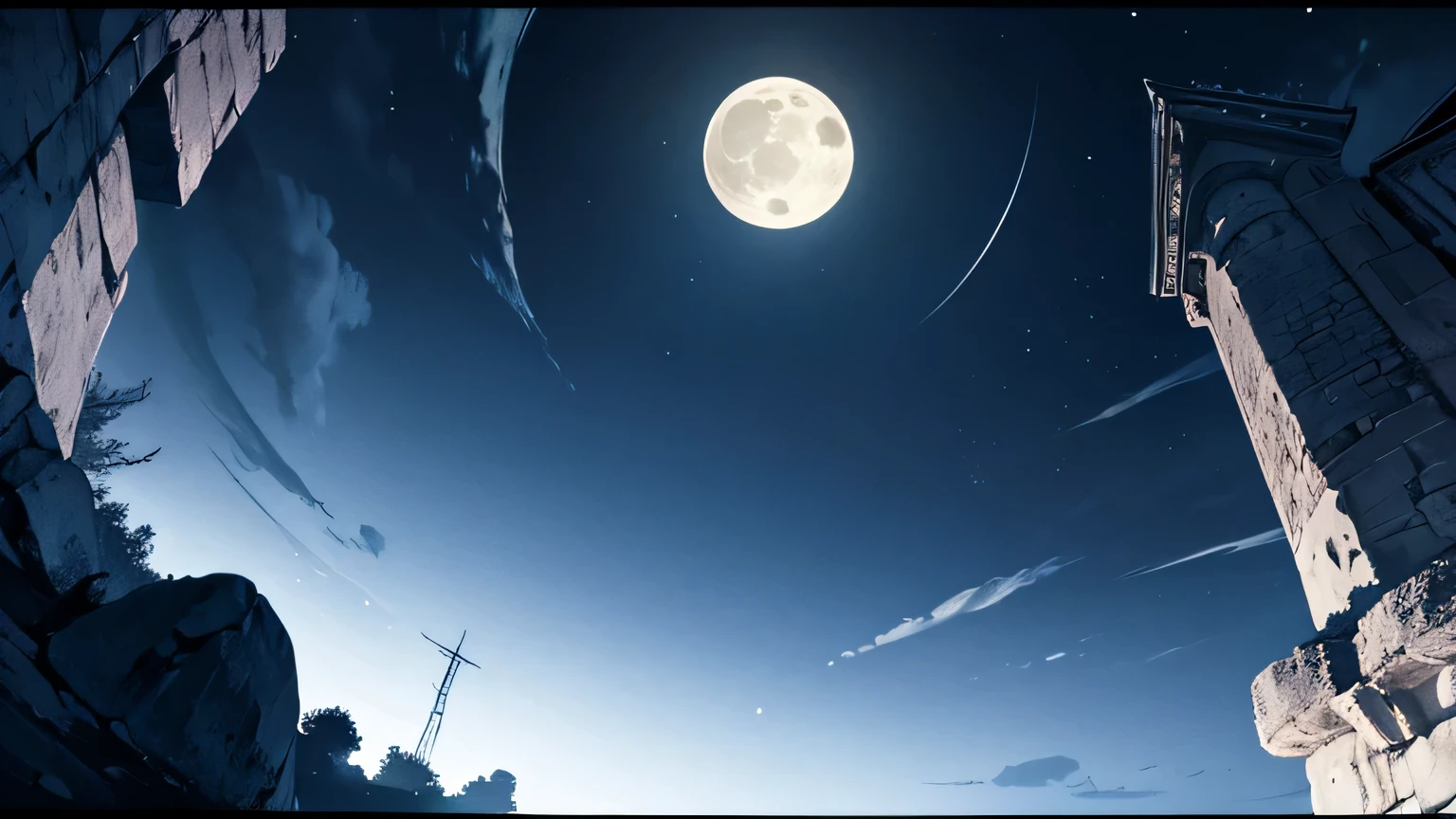 night sky, full moon, moonlight, dramatic lighting, chiaroscuro effect, film composition