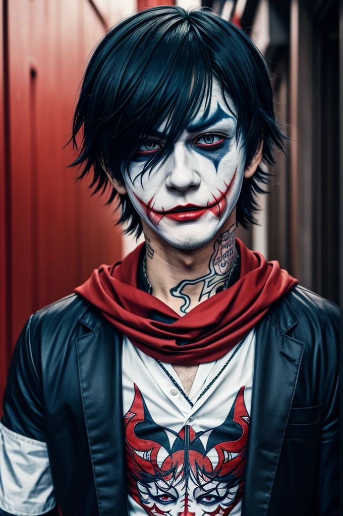 Anime boy with Tokyo ghoul eyes with joker mask with tattoos all over his face