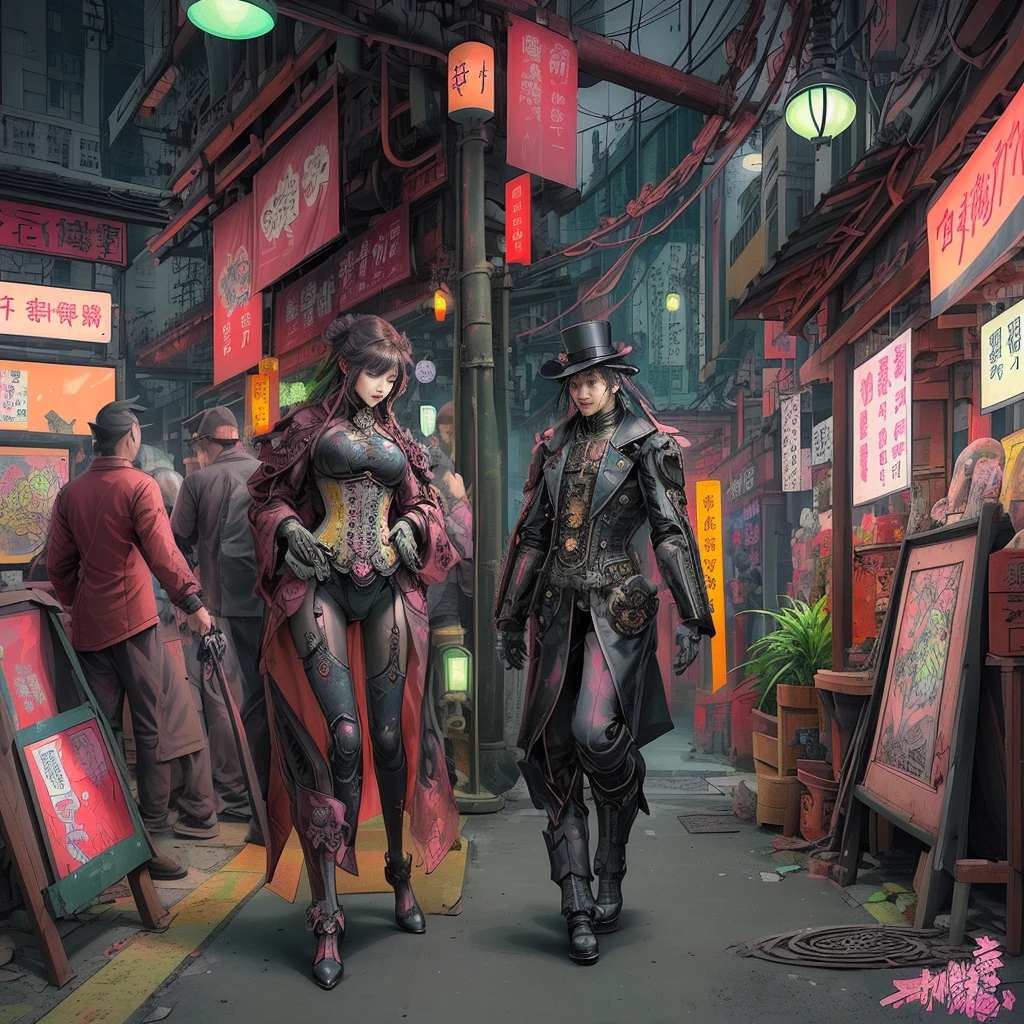 steampunk。Hongkong、Abandoned Asian cities、Alley、food stall、Rubber Coat Mecha。Midnight、Mucha、flower、Grasonochrome、Line artだけの塗り絵を作ってください。Line art、Finally, create the bottom of the coloring book.