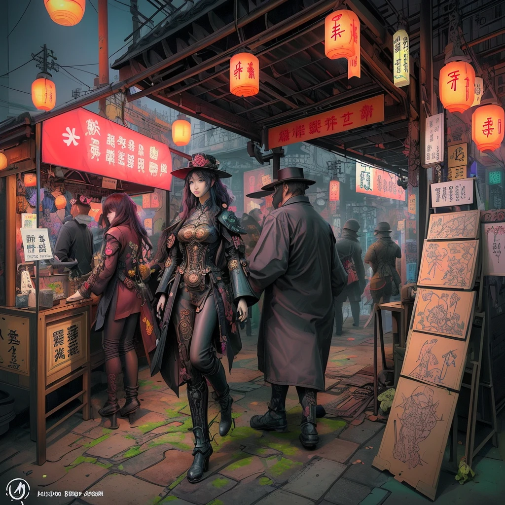 steampunk。Hongkong、Abandoned Asian cities、Alley、food stall、Rubber Coat Mecha。Midnight、Mucha、flower、Grasonochrome、Line artだけの塗り絵を作ってください。Line art、Finally, create the bottom of the coloring book.
