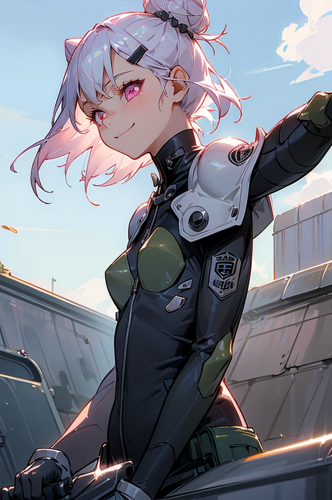(highest quality、Extra fine、genuine)、1 girl、riders jacket、small breasts、Silver short bob hair clip tied into a bun、pink eyes、、From the side、gloves、evil smile、roof of the building、Blowin' in the wind、blue sky、upper body close-up、sharp outline
