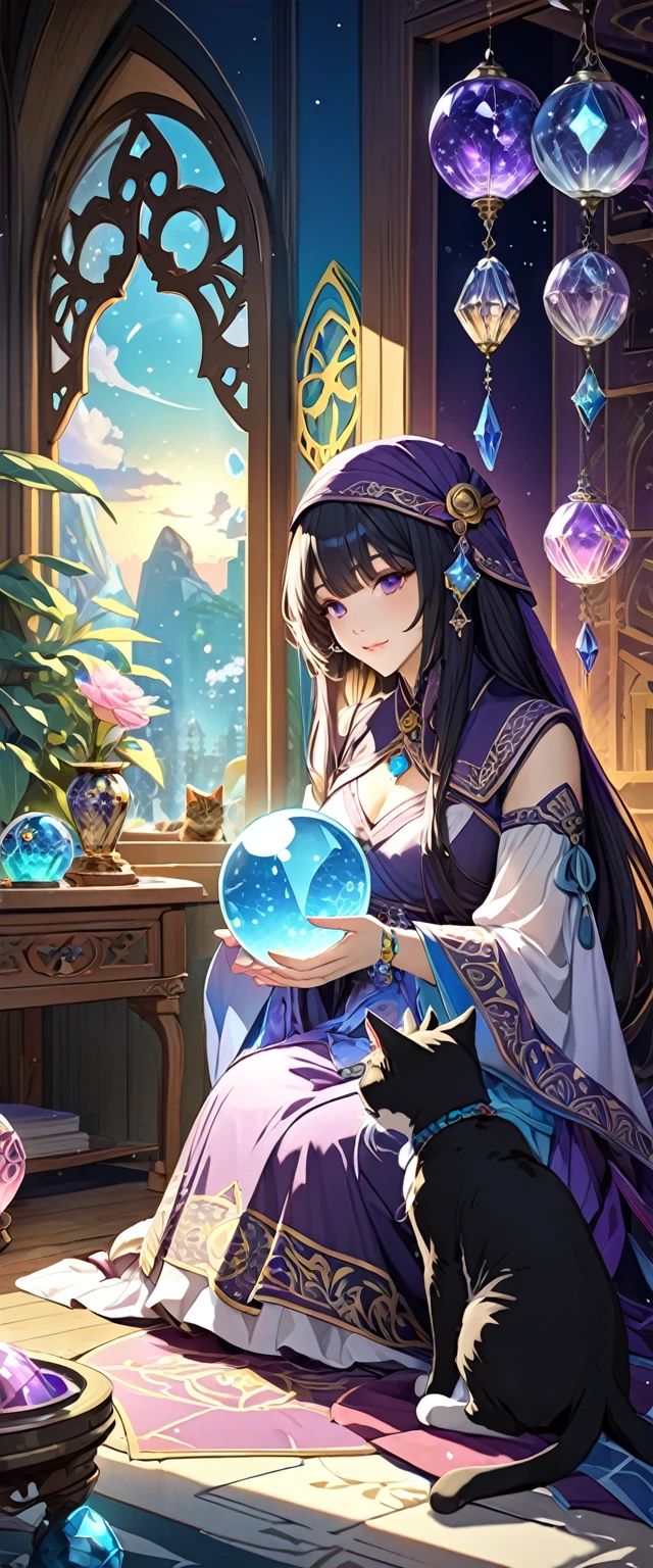 A kind fortune teller,There is a cat nearby,Attention to detail,Beautiful crystal ball,Mysterious atmosphere,