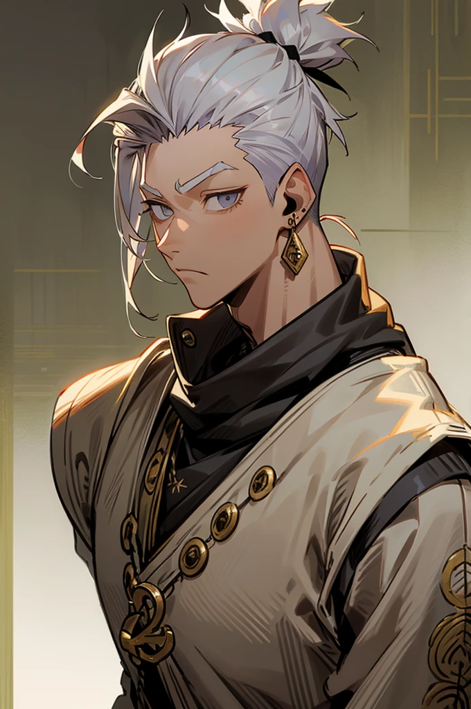 1male , , Young , Silver Hair Hair , Top Knot Hair , Undercut Hair , Silver Eyes , Facing Viewer , Black Bandana , Masculine , Gold Earring On Left Ear , Medieval Background , Dark Skin , Blank Expression