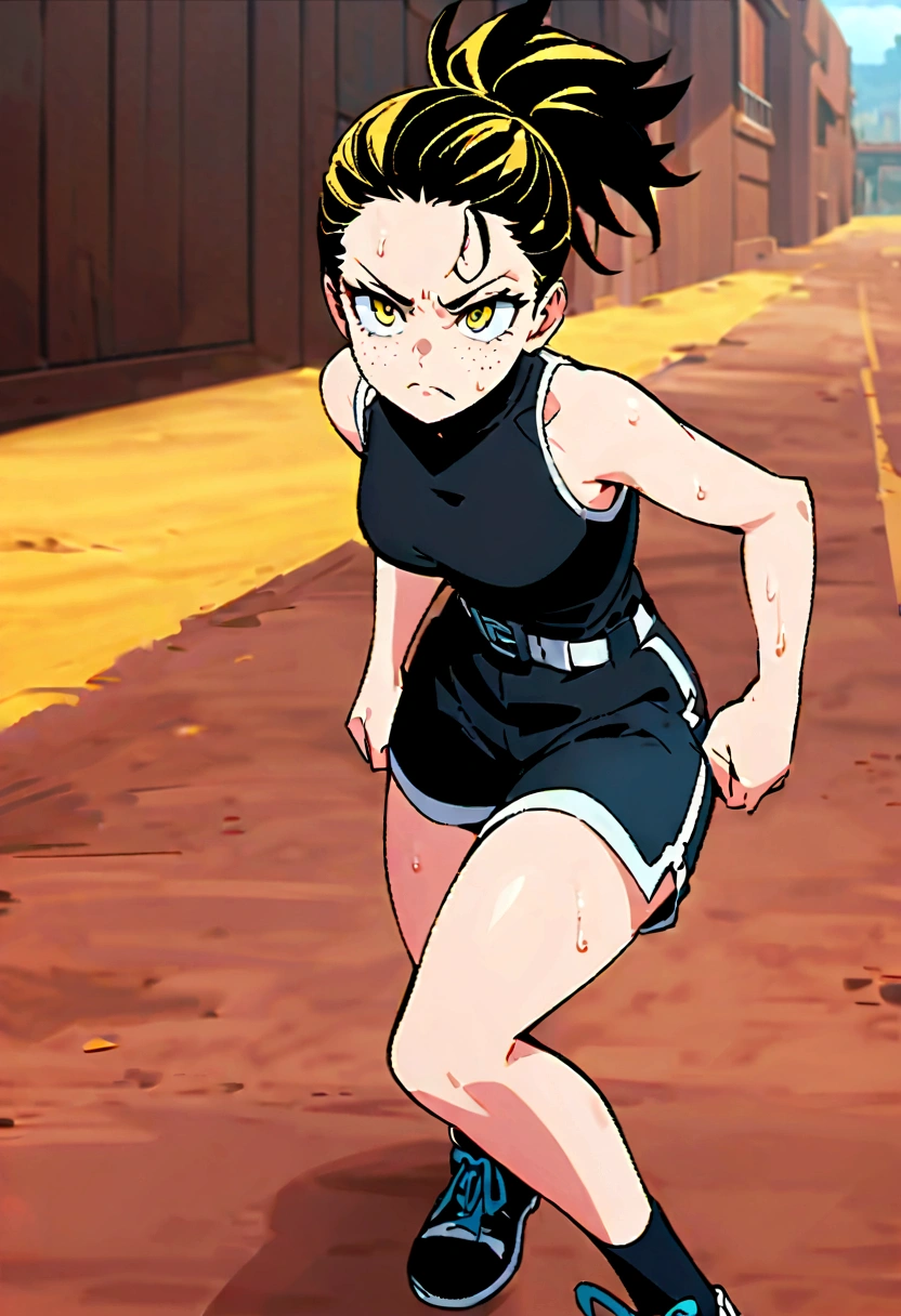 screenshot of my hero academy. full body girl with long black and blue tied hair, intense yellow eyes, freckles on her face, she is wearing a black sleeveless shirt and shorts, she is training with a sweaty face, with a serious expression