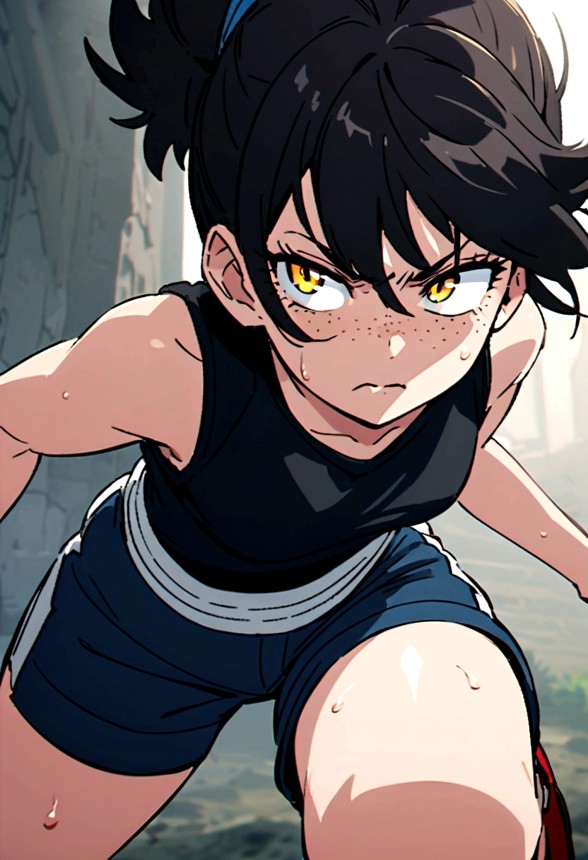 screenshot of my hero academy. full body girl with long black and blue tied hair, intense yellow eyes, freckles on her face, she is wearing a black sleeveless shirt and shorts, she is training with a sweaty face, with a serious expression