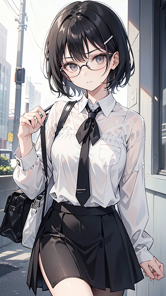 A woman with short black hair, wearing glasses, not smiling, with a small hair clip, wearing a black and white skirt.