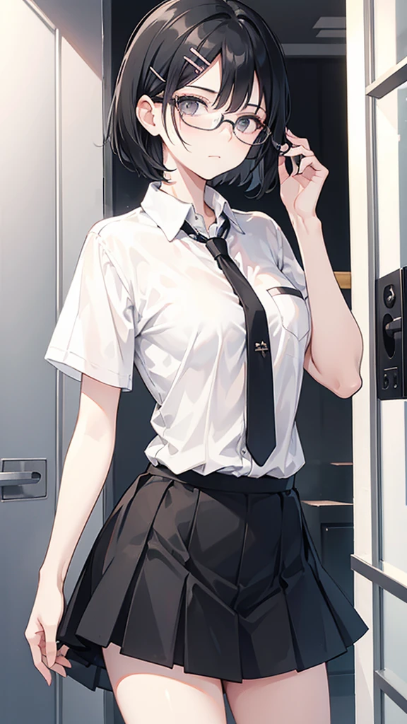 A woman with short black hair, wearing glasses, not smiling, with a small hair clip, wearing a black and white skirt.