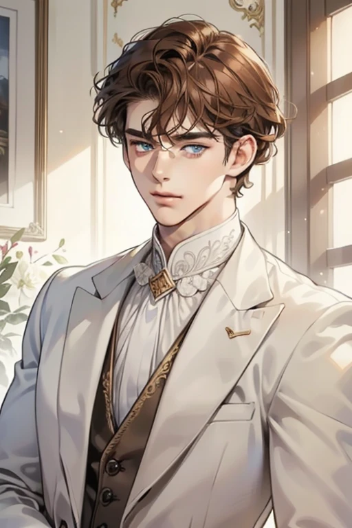 masterpiece, best quality, realistic, 1man, mature male, quiet and charming man, 26 years old, adorable, closed mouth, portrait, extremely detailed face, soft smile, ((dark amber blue eyes)), ((short-sides-swept curly light brown hair)), [thick eyebrows], living-room, ((white suit))