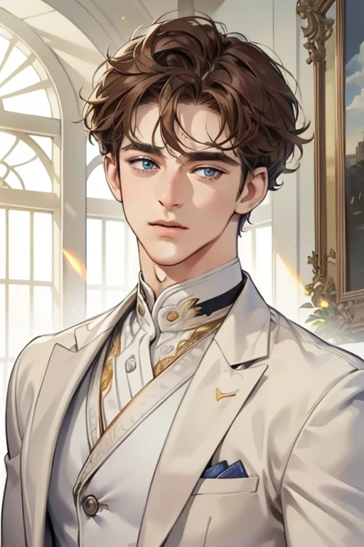 masterpiece, best quality, realistic, 1man, mature male, quiet and charming man, 26 years old, adorable, closed mouth, portrait, extremely detailed face, soft smile, ((dark amber blue eyes)), ((short-sides-swept curly light brown hair)), [thick eyebrows], living-room, ((white suit))