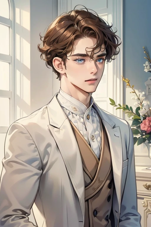 masterpiece, best quality, realistic, 1man, mature male, quiet and charming man, 26 years old, adorable, closed mouth, portrait, extremely detailed face, soft smile, ((dark amber blue eyes)), ((short-sides-swept curly light brown hair)), [thick eyebrows], living-room, ((white suit))