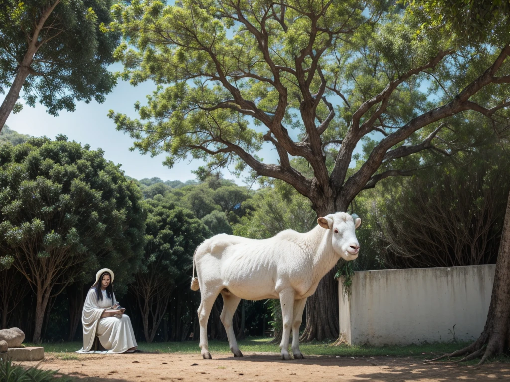 Um campo verde, e longe do observador, a big tree with white flowers, and sitting below her is Jesus holding a white ram.