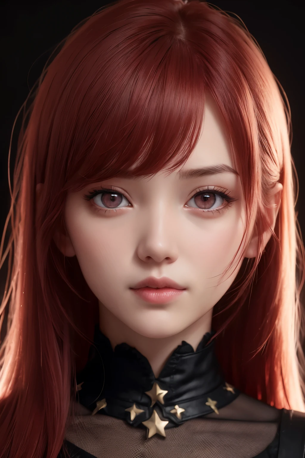 1girl, star eye, blush, perfect illumination, red hair, red eyes, unreal engine, sidelighting, detailed face, bangs, bright skin, simple background, dark background, 