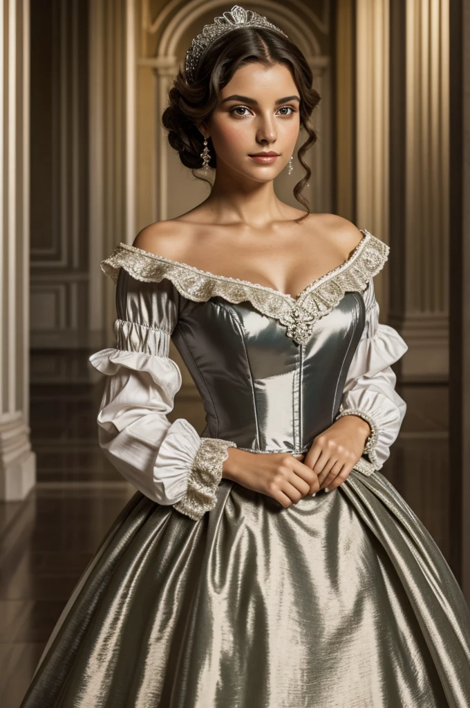 mujer de 1815 de estatura mediana, con una figura esbelta y delicada,thin and curvy. Su cabello rubio oscuro bastante corriente,He had long light brown hair.. cae en ondas suaves alrededor de su rostro, y sus ojos color verde musgo,Piel clara. highlights classic beauty,para un evento llevaba puesto vestido de brillante seda color plateado, with a tight pearl-encrusted bodice and the kind of flared skirt over petticoats that was so popular the previous century accompanied by a Venetian mask.