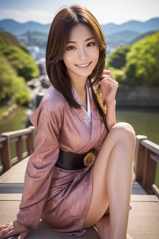 (((Iwakuni City, Yamaguchi Prefecture, Kintai Bridge))), Dynamic, cinematic photos,(Ultra Realistic, High resolution), (Highly detailed eyes, Highly detailed hair, highly Detailed face, Highly detailed plump lips，Perfect Anatomy),(Highest quality:1.4), (Realistic, photo-Realistic:1.37), Professional photography, Cinematic Light, (Detailed face: 1.2), slim,(Beautiful leg lines:1.5 ),(Famous Japanese actresses:1.2), RAW Photos, Highly detailed skin,very thin fingers, Highly detailed nose, Highly detailed mouth, smile