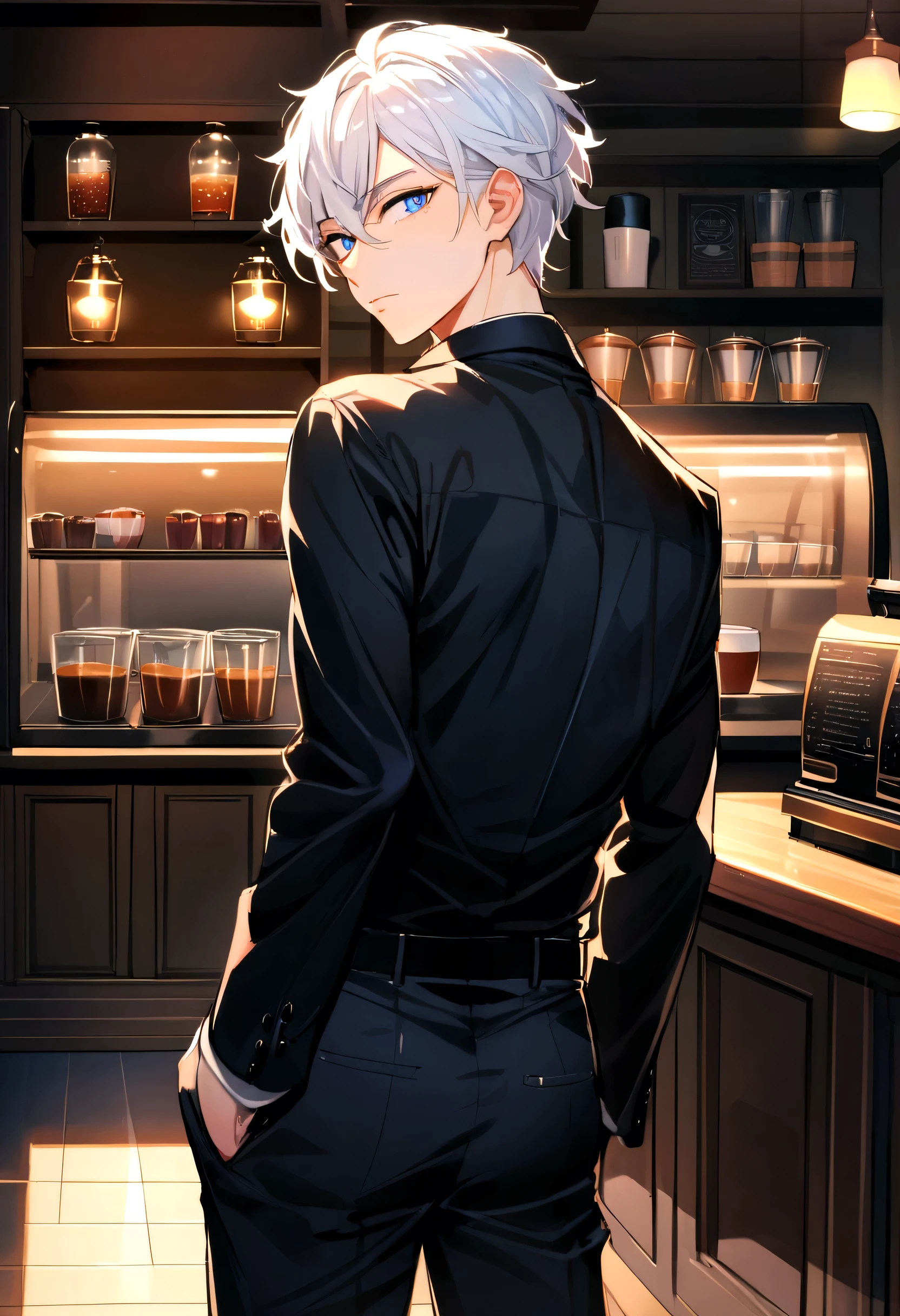 (Highest quality)(1 male teenager,single,white hair,blue eyes,fit ,Black suit shirt,black pants,Turn to look at the viewer,Stand in a café,beautiful morning light(coffee shop owner, Detailed background (little light pollution)) look back