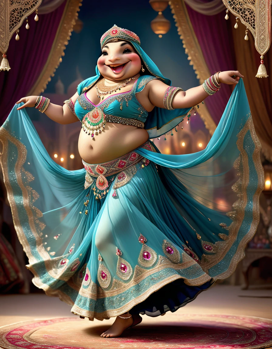 photorealistic portrait of Dressed animals - a ((fat)) ((toad)) dancer,(), (dynamic dancing:2.0), (swinging arms :2.0),(happy smile:1.2),high quality,(happy),(lovely) ,intricate details, (sheer veil), highly detailed (( gypsy belly dancing clothes)) ,highly detailed decorations of clothes, Wearing gypsy belly dancing clothes, , (happy), soft lighting,(full body image:1.5),Arabian palace background,(viewed from side:2.0),