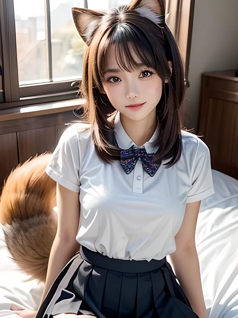 ((Highest quality, 32k)), ((masterpiece)), (Familiar), Perfect Face, School Girl, pretty girl, On the bed, She has a bushy tail, She has a red fox tail., She stands up her fluffy tail, Beautiful hip line, Small breasts, She is wearing a cute  uniform, A large tail sticks out, Climbing on all fours, Slender body, She looks shyly at her tail, Her tail pushes up her skirt to reveal her white panties, A red fox tail protrudes from the hem of her skirt., Embarrassed face