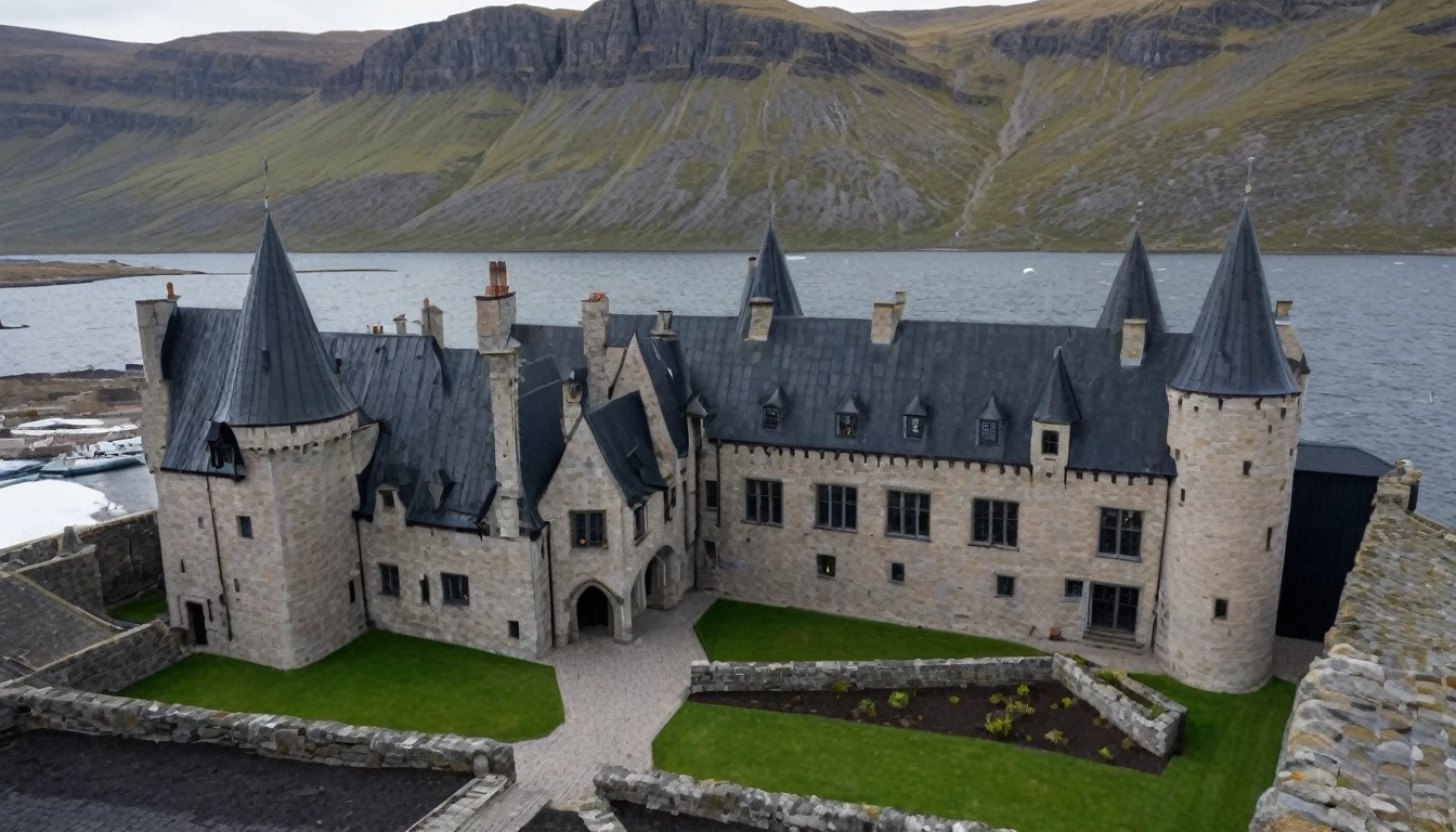 Scottish medieval palace in the center of a medieval city located in the Arctic. Built in stone in Gothic style in the 14th century, roof in black zinc tiles.
