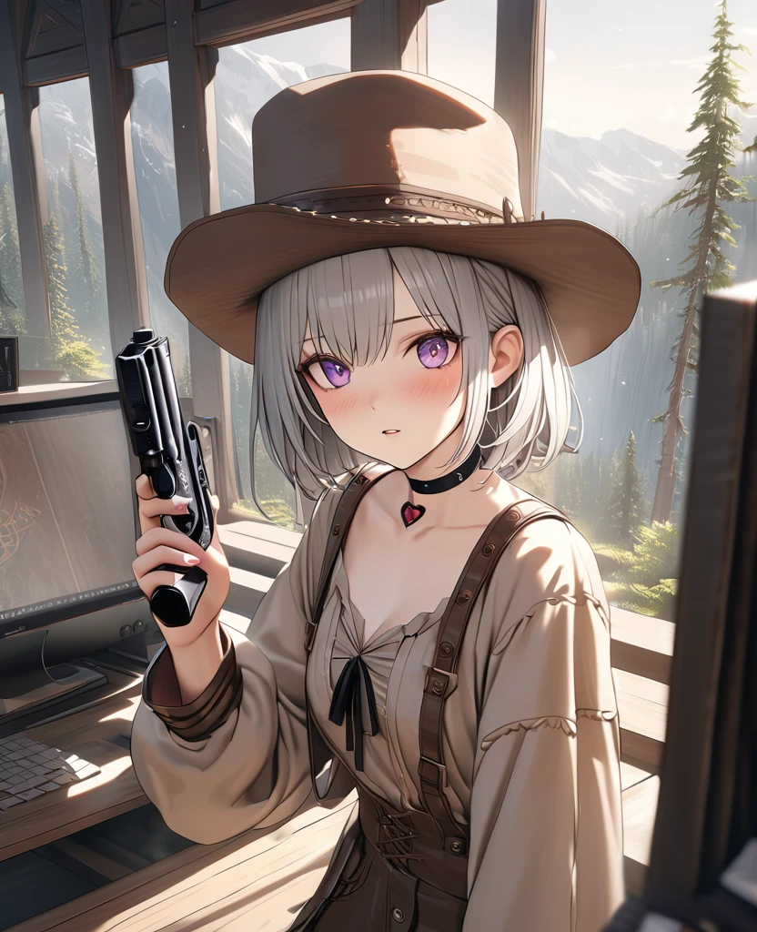 masterpiece,highest quality, Super detailed, High resolution, expensive resolution, HDR, 4k, 8K, unity 8k wallpaper, Super detailed CG, masterpiece, realistic, 2D, 3D, beautiful details, depth, fine texture , super fine: 1.3, Fully focused, Crispy.skin, .he,
Very cute anime girl 、Desolate wilderness、Cowboy Style Outfit、cowboy hat、cowboy boots、hand gun、mexican wilderness、duel、Standing with a hand gun、long silver hair wearing expensive , one girl、alone, long silver hair, animal ears, Cat ear, cowboy style、cowboy hat、hand gun、duel、cowboy boots、computer、disk、mole under the eye, looking at the viewer , expensive , blush, mole, Cat ear, parted lips, hair ornaments, heart, purple eyes, choker