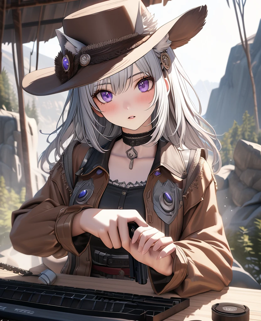 masterpiece,highest quality, Super detailed, High resolution, expensive resolution, HDR, 4k, 8K, unity 8k wallpaper, Super detailed CG, masterpiece, realistic, 2D, 3D, beautiful details, depth, fine texture , super fine: 1.3, Fully focused, Crispy.skin, .he,
Very cute anime girl 、Desolate wilderness、Cowboy Style Outfit、cowboy hat、cowboy boots、hand gun、mexican wilderness、duel、Standing with a hand gun、long silver hair wearing expensive , one girl、alone, long silver hair, animal ears, Cat ear, cowboy style、cowboy hat、hand gun、duel、cowboy boots、computer、disk、mole under the eye, looking at the viewer , expensive , blush, mole, Cat ear, parted lips, hair ornaments, heart, purple eyes, choker