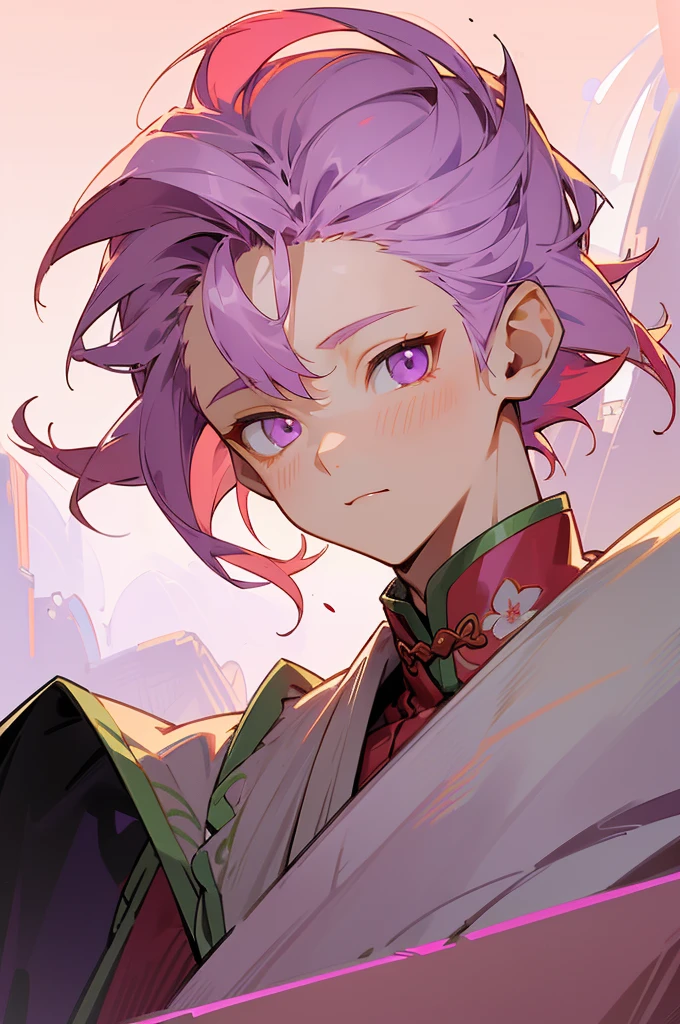(Hyper detailed 8k Masterpiece) Pink haired cute young ((boy)), Short wavy hair with a side braid, Red Ancient Chinese clothes, Gardener, Floral vibes, pastel colors, soft solo, looking at camera. ((Glowing Vibrant purple eyes)),male ,red clothes,(Detailed face And eyes) (Male) (red clothes)
