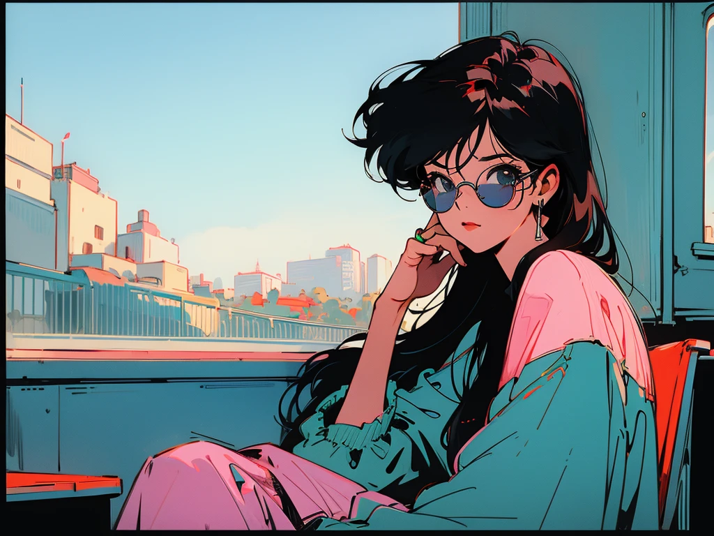Swedish cityscape、Terrace seats、Cool black hair woman、Break、Wearing sunglasses
