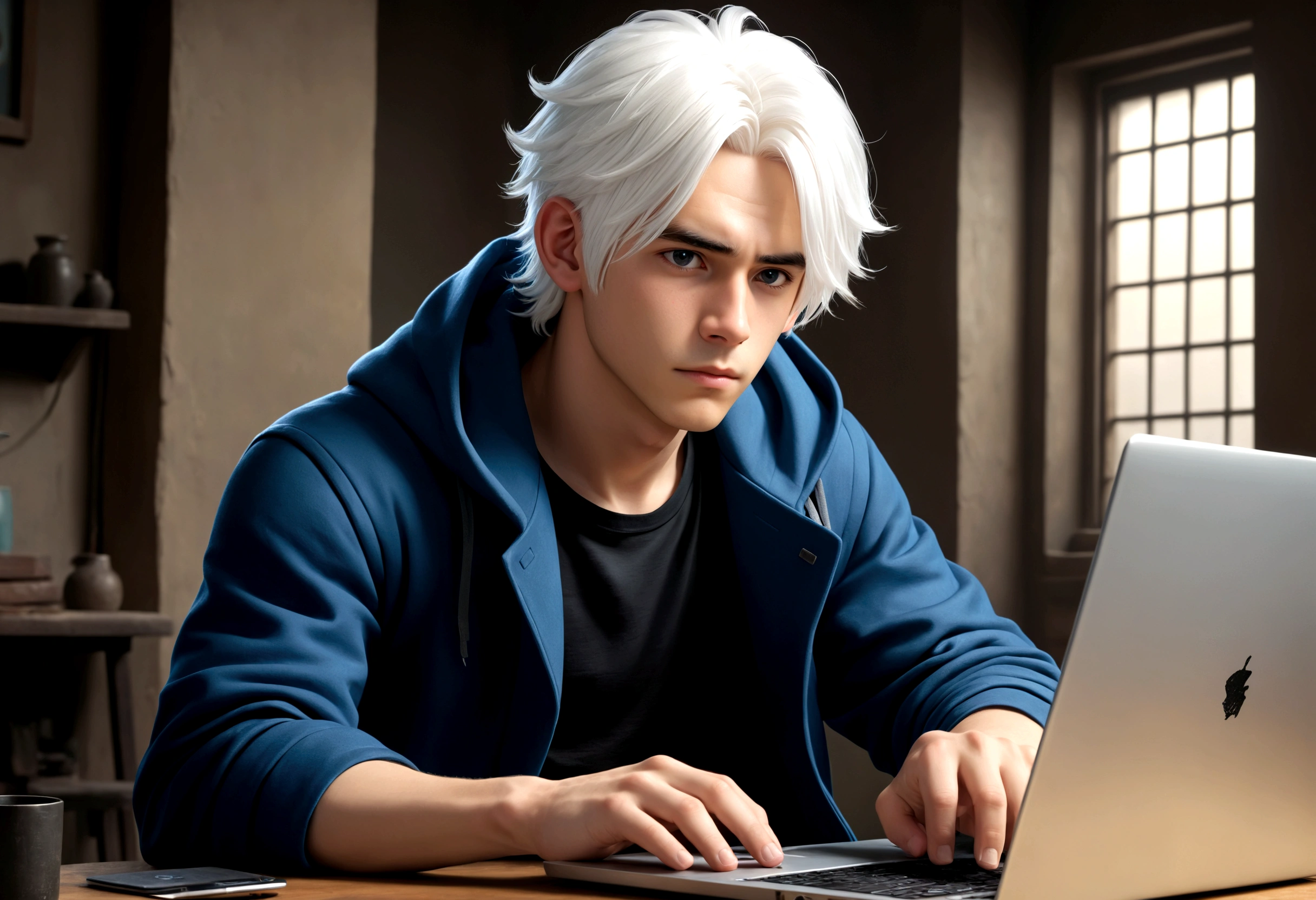 sitting working on a laptop、A young man with white hair wearing a black T-shirt and a blue coat, His power is technology, Semi realism