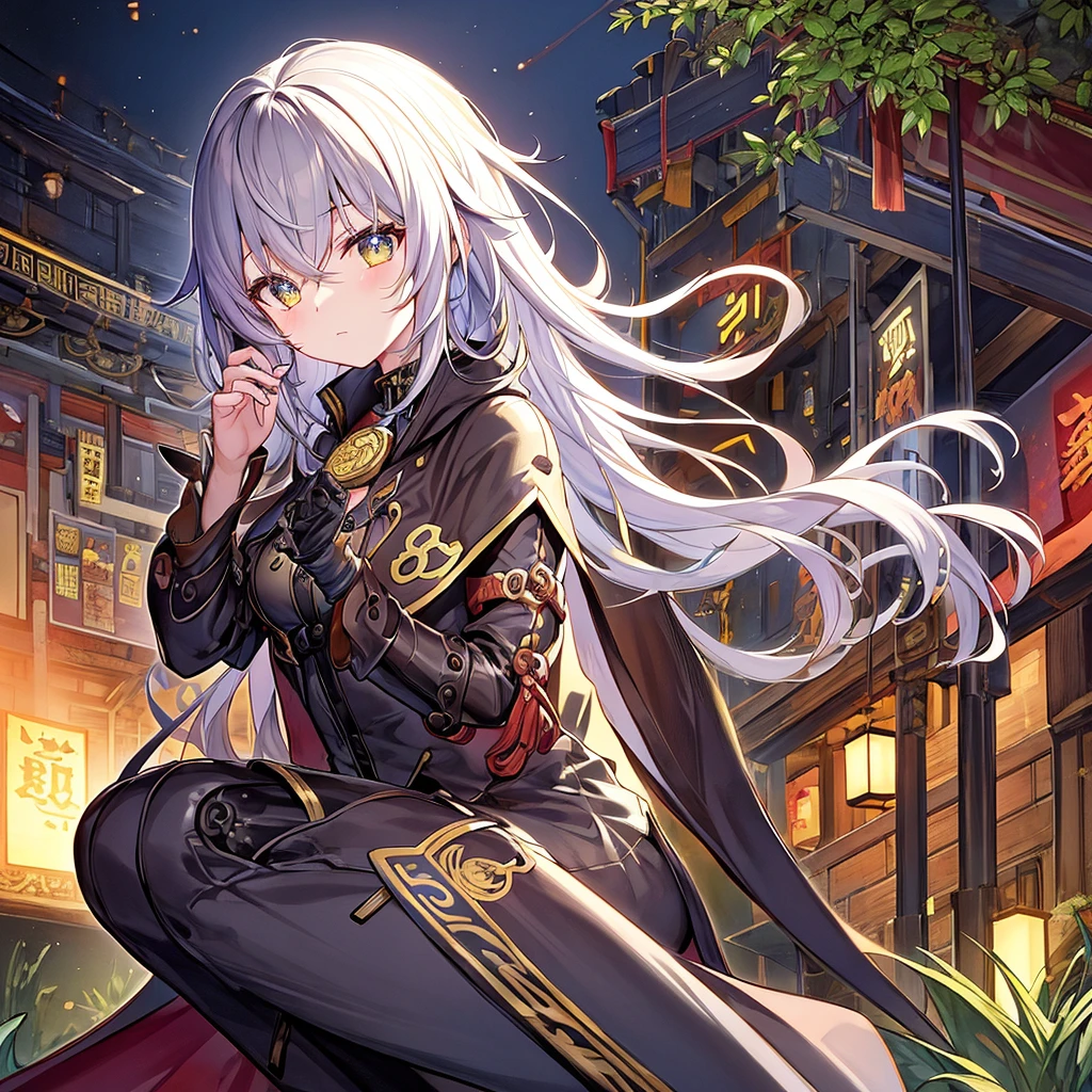 steampunk。Hongkong、Abandoned Asian cities、Alley、food stall、Rubber Coat Mecha。Midnight、Mucha、flower、Grass。Monochrome、Line artだけの塗り絵を作ってください。Line art、Finally, create the bottom of the coloring book.