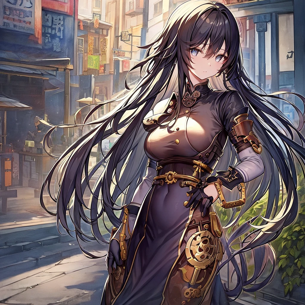 steampunk。Hongkong、Abandoned Asian cities、Alley、food stall、Rubber Coat Mecha。Midnight、Mucha、flower、Grass。Monochrome、Line artだけの塗り絵を作ってください。Line art、Finally, create the bottom of the coloring book.