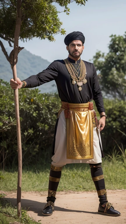 fullbody, Mughal Empire, man, offender, nice body, in the jungle, face, late 30s, good fight, evil, Black color, one person, stand