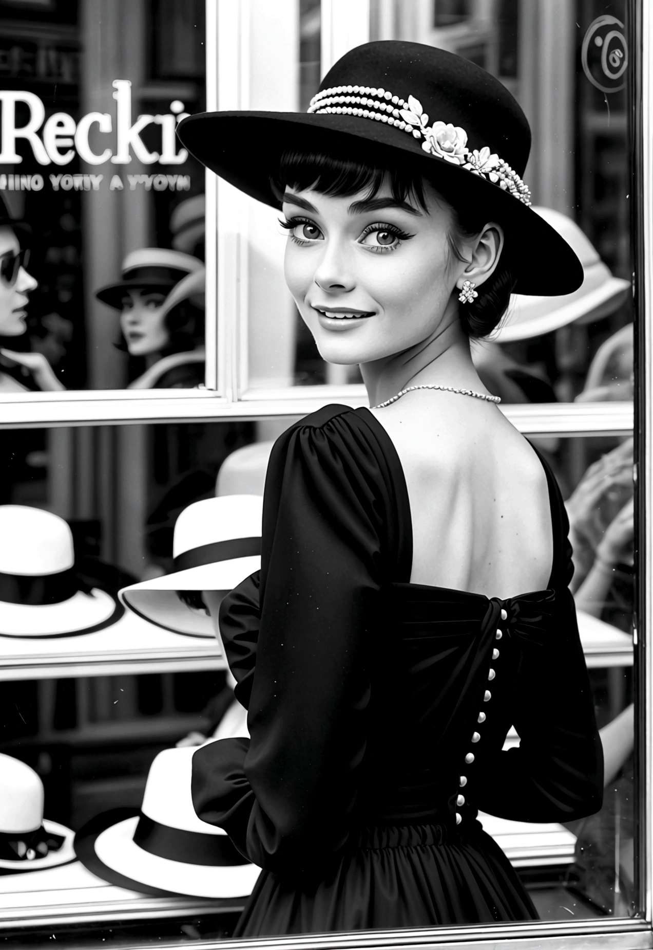 Photograph of a 20-year-old woman who looks like Audrey Hepburn looking at hats in a hat shop window, pelo corto y oscuro, ojos grandes y expresivos y una sonrisa elegante y sobria, in New York City in the year 1950. Ojos perfectos, nariz perfecta, boca perfecta, black and white photography from the 50&#39;s, 8k, realistic photography --seed 1751055599