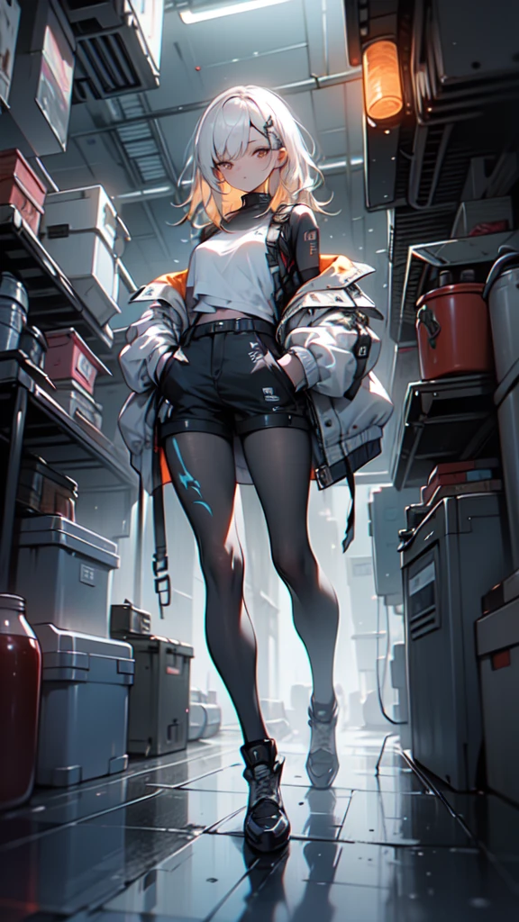 1 girl, long Yellow hair , cyberpunk, blue eyes, high heels, hand in pocket, best quality, 4k, 8k, highres, masterpiece:1.2, ultra-detailed, realistic, photorealistic, photo-realistic:1.37, HDR, UHD, studio lighting, ultra-fine painting, sharp focus, physically-based rendering, extreme detail description, professional, vivid colors, bokeh, cyberpunk, science fiction, neon lights, dark atmosphere, dramatic lighting