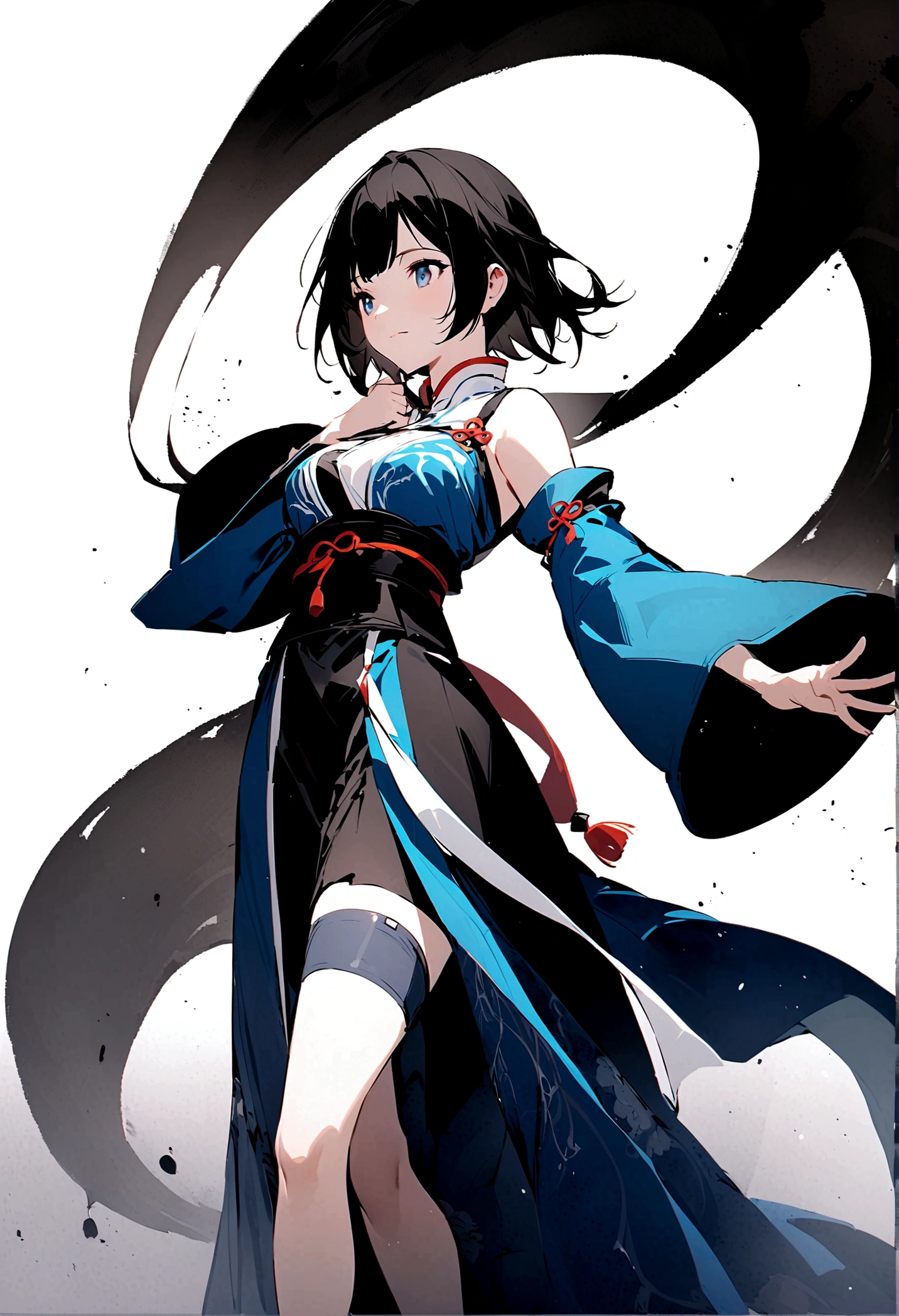 芸術的なInk Painting,立体的なInk Painting,Minimalism,Minimalist Graphic Art,Cold anime girl,whole body,Chinese style,Ancient,Ink Painting,Blue Robe,Long black hair,Black and white background,古韵blank,blank,大面积blank,Texture Matte,Low saturation,Minimalist Composition,Master Composer