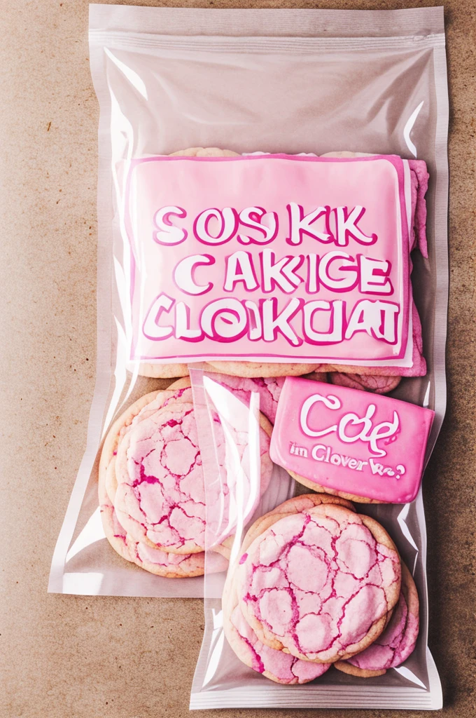 Pink cookies in a clear bag