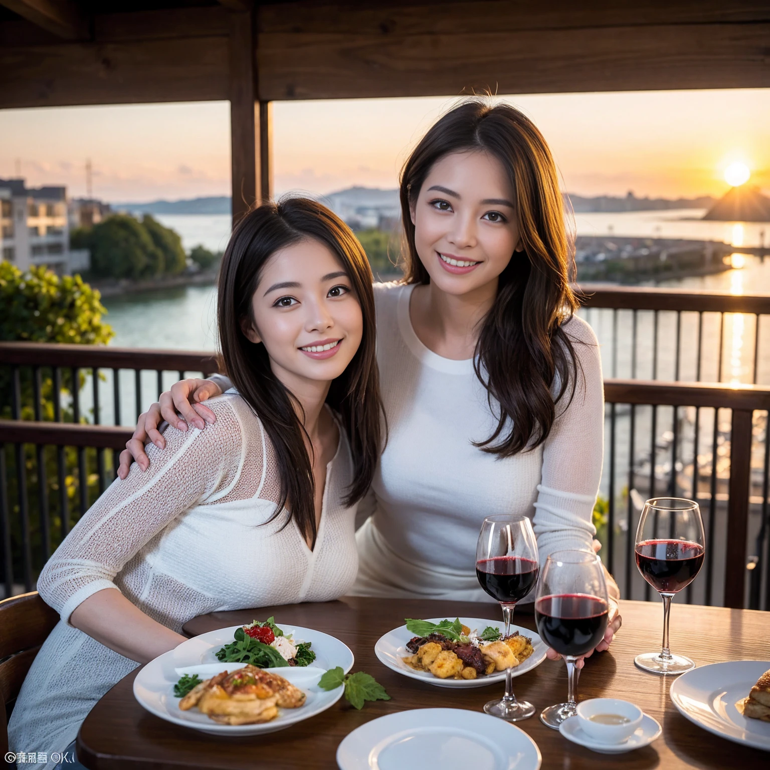 ((Highest quality、8k、masterpiece:1.3))、 (Genuineistic, Genuine、Bright image、Intricate details:1.2), 最高のsmile、1 male, 1 female、Beautiful couple、Satomi Ishihara-like lover、Good friends、actress couple、smile、Full-course dinner at a packed table、 (Slim face), (the body is slim), (Brown Hair), (short hair), テーブルのwine glass、Please shine a light on my face、 Amazing view of the sunset sky and clouds、 (36 years old)38 years old, red wine 、Appetizers、Wine bottle、sparkling wine、Long sleeve shirt、dress、White wine, red wine, wine glass, 