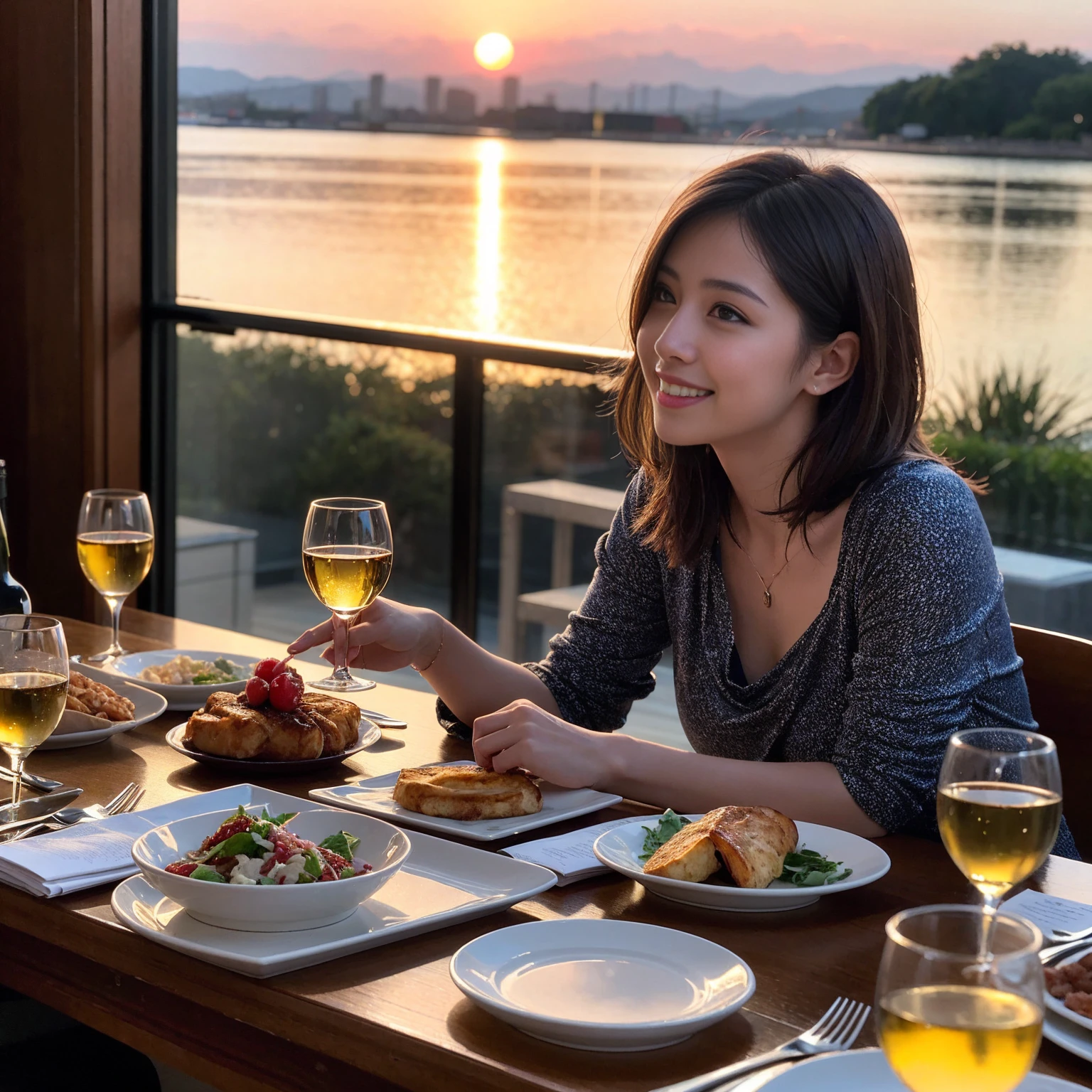 ((Highest quality、8k、masterpiece:1.3))、 (Genuineistic, Genuine、Bright image、Intricate details:1.2), 最高のsmile、1 male, 1 female、Beautiful couple、Satomi Ishihara-like lover、Good friends、actress couple、smile、Full-course dinner at a packed table、 (Slim face), (the body is slim), (Brown Hair), (short hair), テーブルのwine glass、Please shine a light on my face、 Amazing view of the sunset sky and clouds、 (36 years old)38 years old, red wine 、Appetizers、Wine bottle、sparkling wine、Long sleeve shirt、dress、White wine, red wine, wine glass,