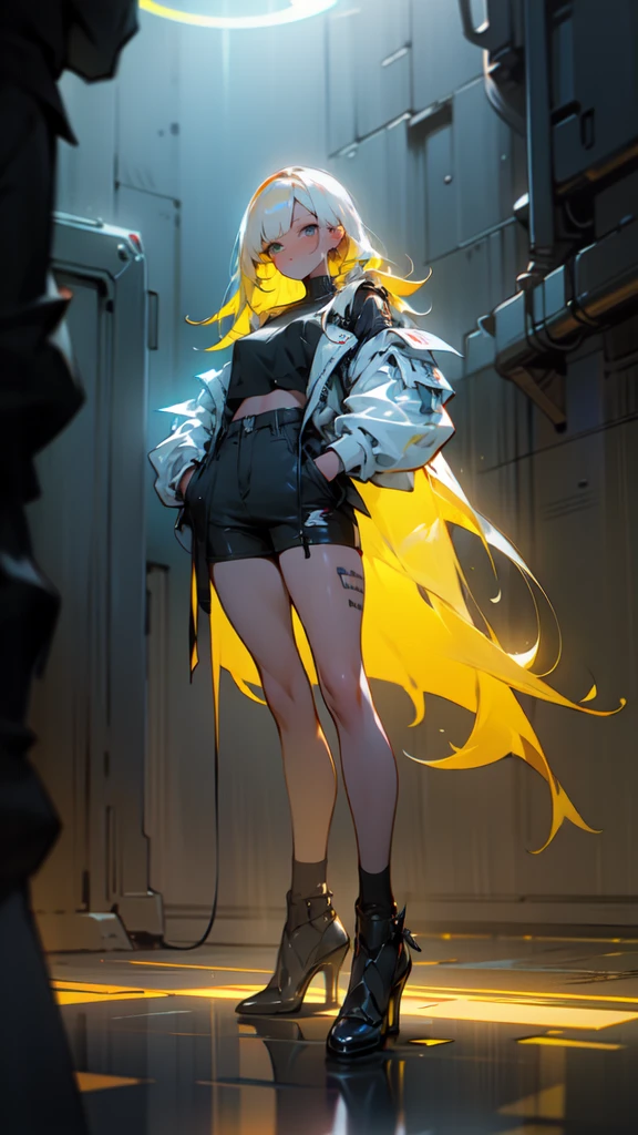 1 girl, long Yellow hair , cyberpunk, blue eyes, high heels, hand in pocket, best quality, 4k, 8k, highres, masterpiece:1.2, ultra-detailed, realistic, photorealistic, photo-realistic:1.37, HDR, UHD, studio lighting, ultra-fine painting, sharp focus, physically-based rendering, extreme detail description, professional, vivid colors, bokeh, cyberpunk, science fiction, neon lights, dark atmosphere, dramatic lighting
