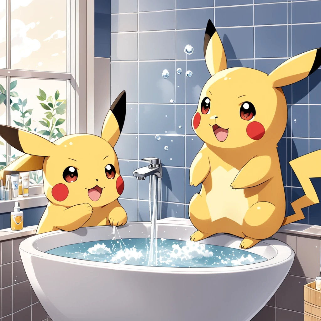 Illustrate a cute scene of Pikachu washing its face in the bathroom or brushing its teeth as part of a morning routine