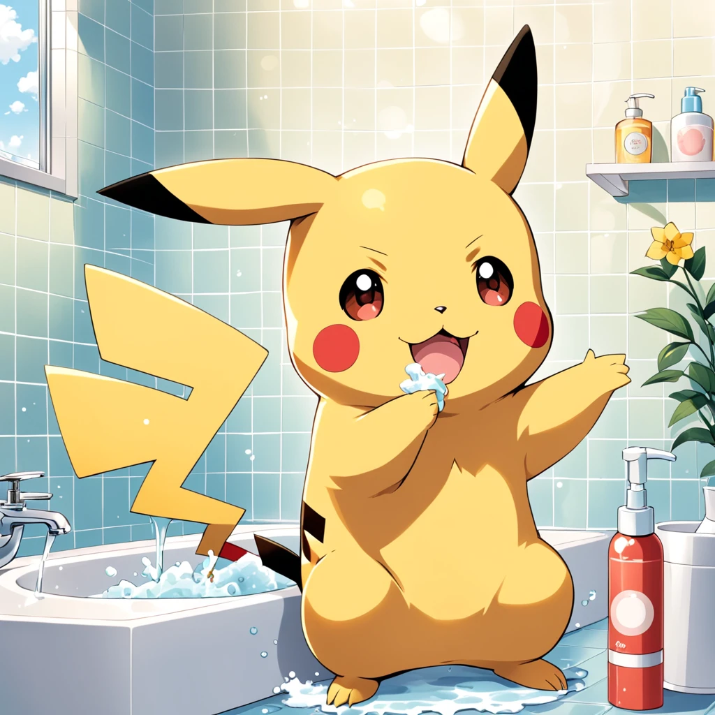 Illustrate a cute scene of Pikachu washing its face in the bathroom or brushing its teeth as part of a morning routine