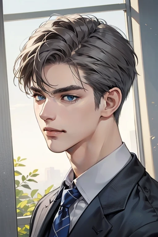 masterpiece, best quality, realistic, 1man,  male, quiet and charming  man, 25 year old, serious look, closed mouth, portrait, extremely detailed face, cold smile, ((dark grey blue eyes)), ((short-right-swept dark grey hair)), [thick eyebrows], ((suit)), handsome, upper body, western, Jewish, light brown skin,