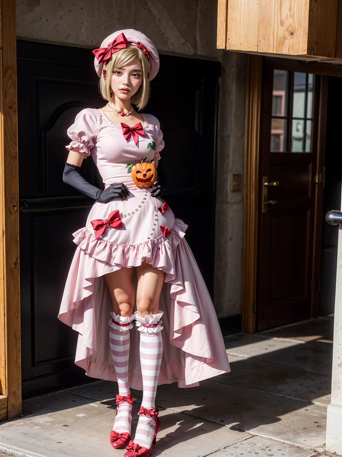 (1 lady), The beautiful, (Best quality at best:1.4), (ultra - detailed), (extremely detailed CG unified 16k), gold blonde hair, very detailed, High-definition RAW color photo, professional photoshooting, amazing face and eyes, cosmetics, (amazingly beautiful girl), ((lambdadelta, tall woman, taller)), ((dress, shoes bow, red shoes, striped stockings, red bow, pink hat, necklace, gloves, pearl, pumpkin brooch, pink dress)), standing, sexyposture,(background: walking in the streets, urban landscape, blue sky, afternoon time), (look from down), realistic cinematic face, head to feet long wide zoomed out view, full body long view, photorealistic, ((realistic natural blonde hair style, honey eyes)), gorgeous, extremely beautiful face, perfect model beauty, pout mouth, flirting smile, eating candies, (masterpiece), best quality, high resolution, extremely detailed, depth of field, cinematic lighting, (amazing legs, strong legs, athletic legs), high heels, clear and well-cared skin