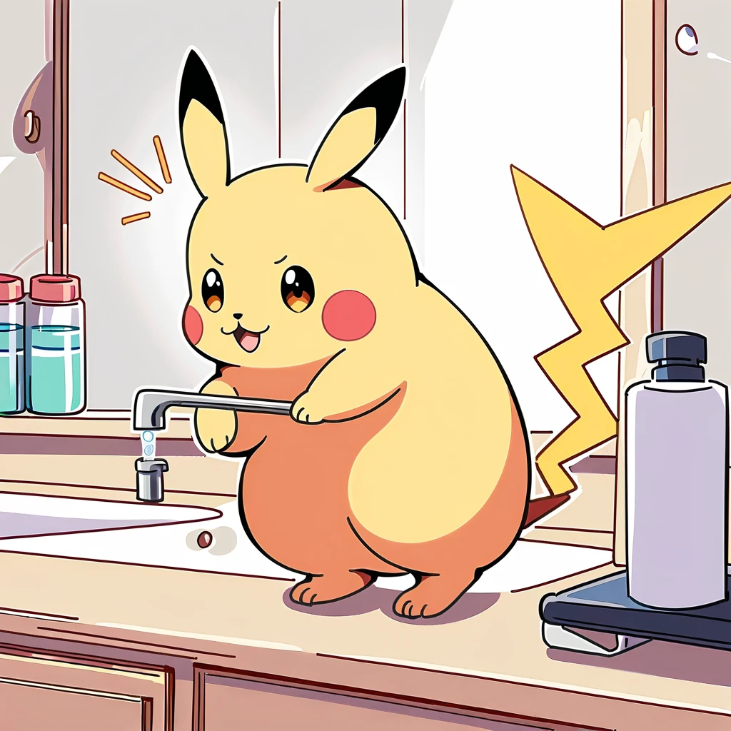 Illustrate a cute scene of Pikachu washing its face in the bathroom or brushing its teeth as part of a morning routine