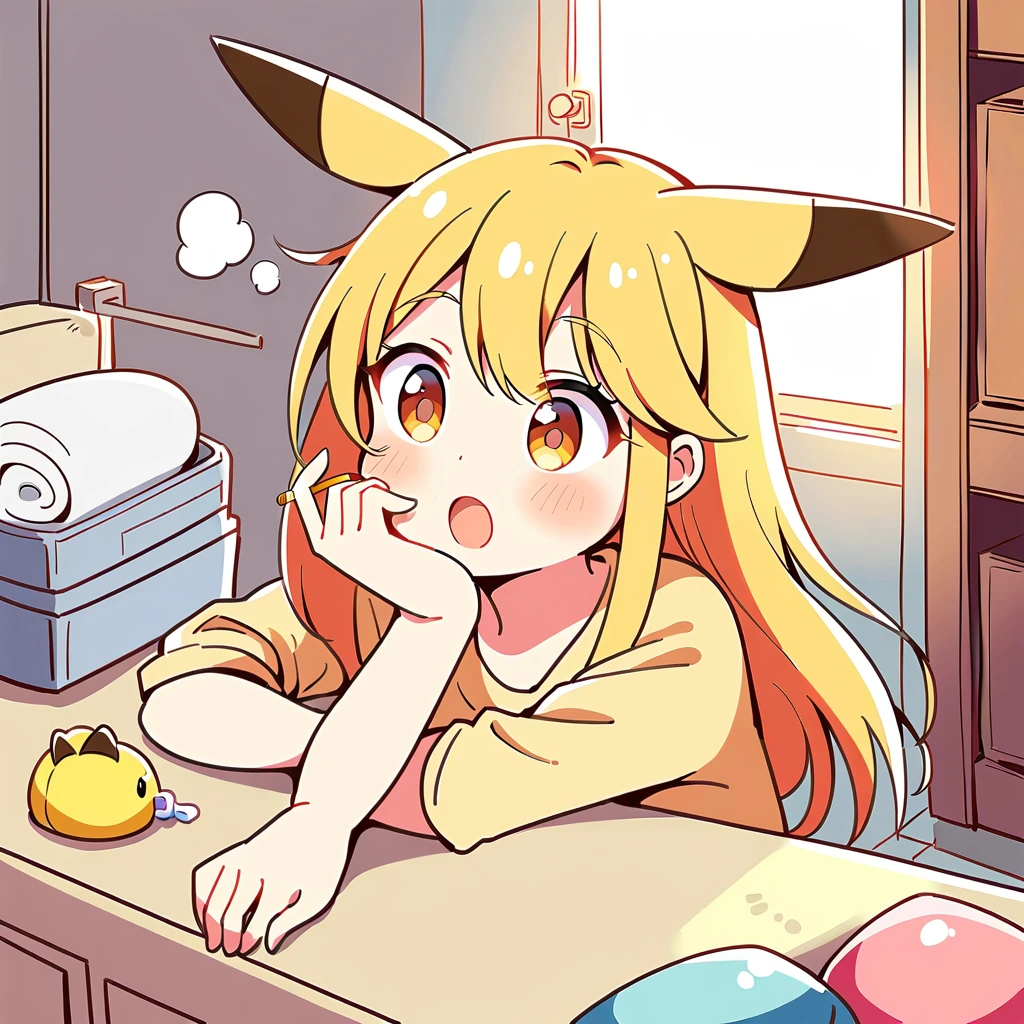 Illustrate a cute scene of Pikachu washing its face in the bathroom or brushing its teeth as part of a morning routine