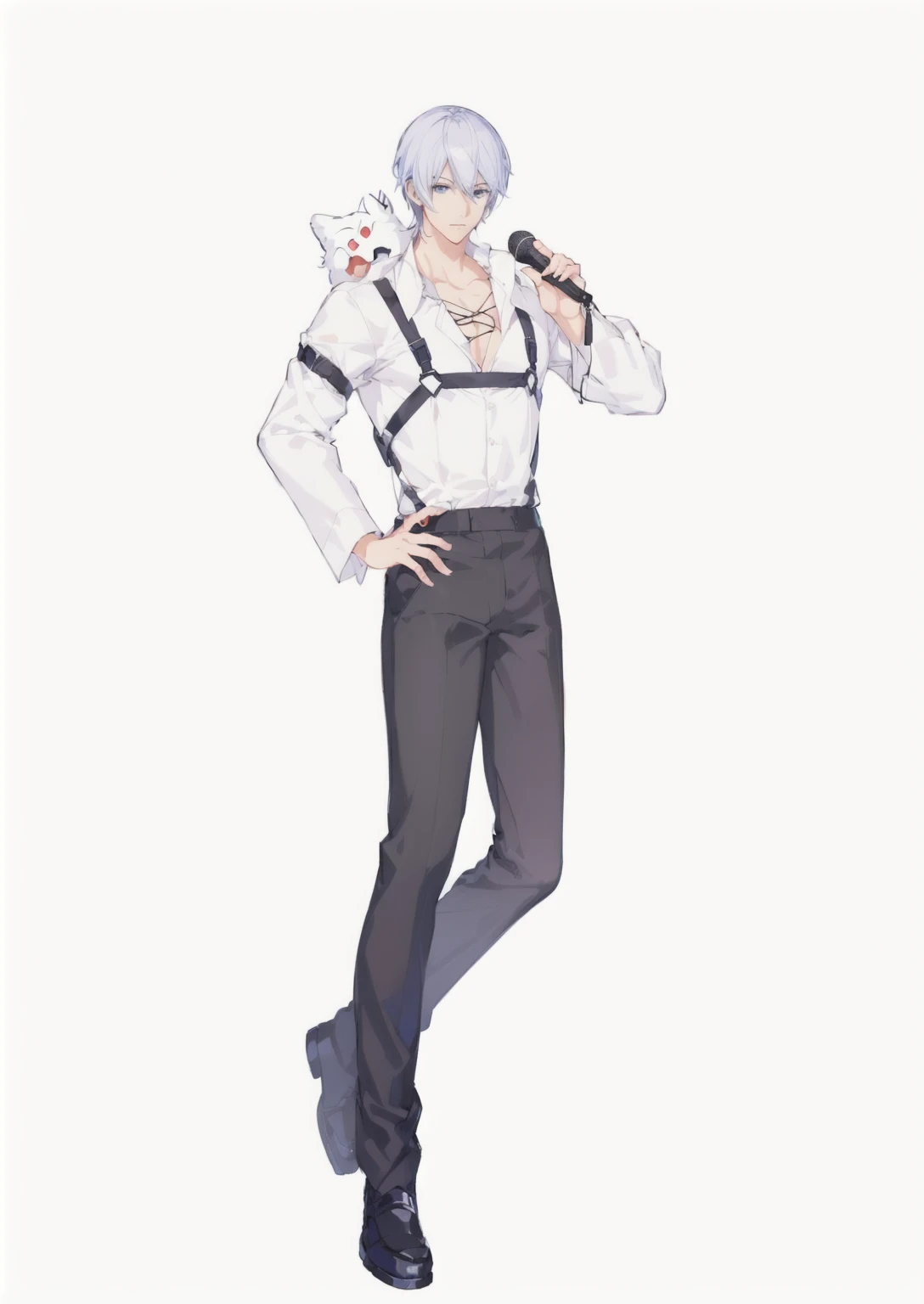 Holding a microphone、Anime character wearing white shirt and black pants, !!Full body portrait!!, Single character full body, Tall anime man with blue eyes, Official Character Art, Full body illustration, ( ( Character Concept Art ) ), Full body portrait, Full body solo character, Hajime Yatate, anime Full body illustration, Official character illustrations
