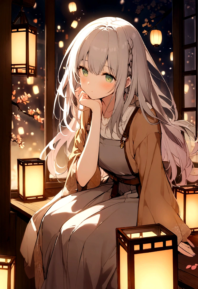 「An elven girl with long silver hair、Create a scene of sitting in a warm, traditional wooden bar。In her hair、繊細なredとpinkのアクセサリーが飾られています。Hanging lanterns emit a soft glow that illuminates the entire bar.、It creates a warm and inviting atmosphere。Cherry blossom petals gracefully dance around her、It adds a magical touch to the scene.。The background includes a cozy bar setup with a variety of bottles and glasses.、The soft light of the lanterns accentuates the tranquil and mysterious atmosphere.。The overall color palette is、red、pink、Use warm tones such as orange、Highlight seductive and serene scenes。」